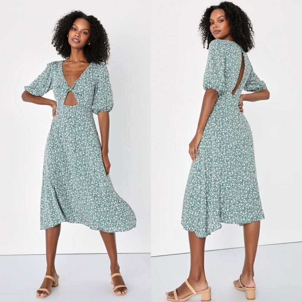 Lulus Cutest Favorite Sage Green Floral Twist-Front Midi Dress S NWT